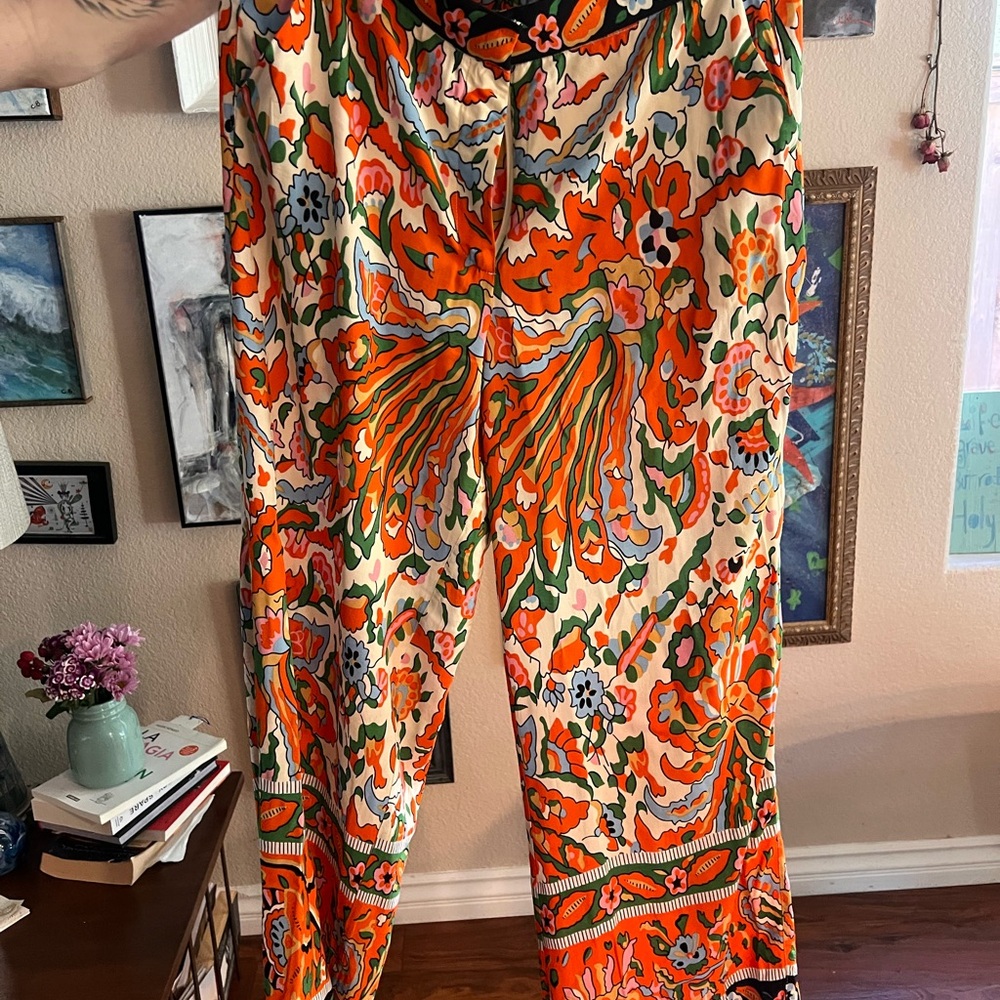 Tahari Orange and Green Wide Leg Jumpsuit with Paisley Print